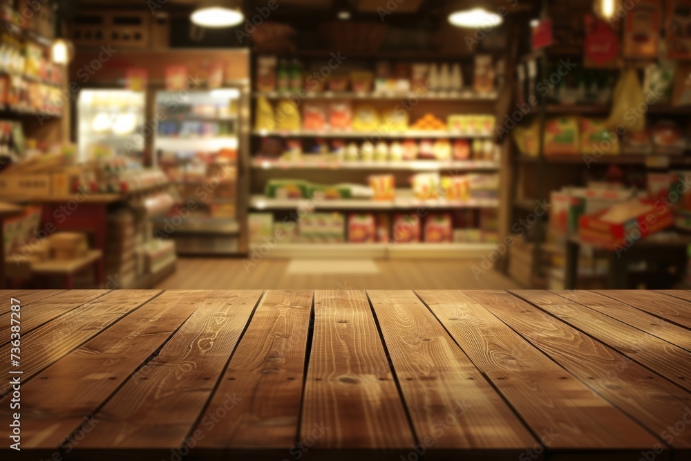 Poster wooden table top in the back view of an open grocery store generative ai
