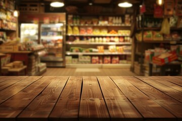 wooden table top in the back view of an open grocery store Generative AI - obrazy, fototapety, plakaty