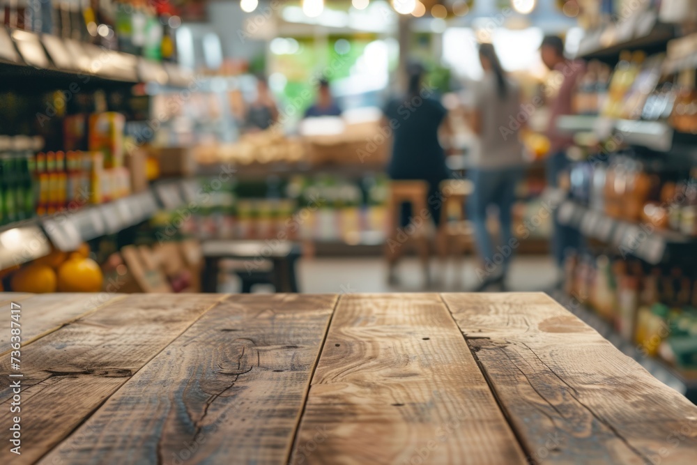 Poster wooden table in a grocery store with people in the background generative ai