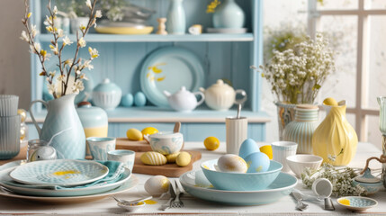 Easter holiday table setting with flowers in pastel colours