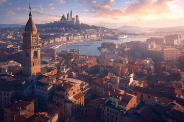 Naklejka premium This photo captures an expansive view of a bustling city, featuring a prominent clock tower as its focal point.