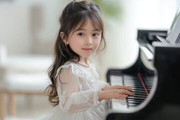 A 5-year-old Chinese girl happily plays the piano with cute concentration in a brightly-lit room.