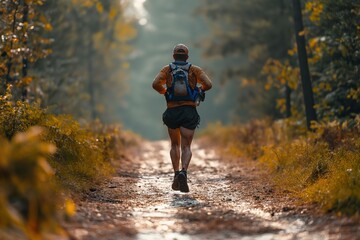 Obraz premium A man in motion, running along a dirt path surrounded by trees in a forested area.