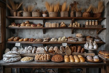 Naklejka premium A busy bakery showcasing a variety of bread types, offering a vast selection to customers.
