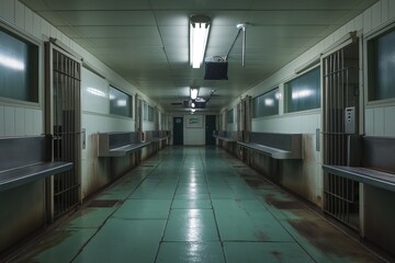 Naklejka premium A long hallway with multiple benches left unoccupied.
