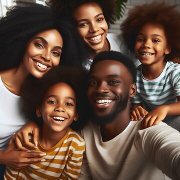  Black family, selfie and a smile of parents and children together for bonding, love and care. Face of an African woman, man and happy kids at home for a picture, quality time and bonding or fun