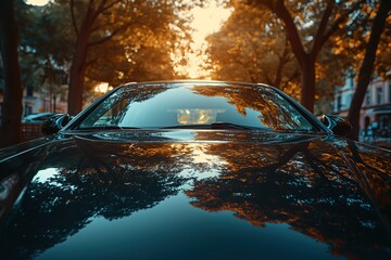 A car is parked on the side of the road during daylight hours, seen from the outside front view. - obrazy, fototapety, plakaty