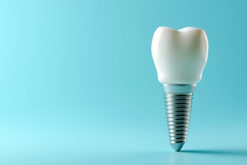 A dental implant, specifically a dental crown, isolated on a vibrant blue background.