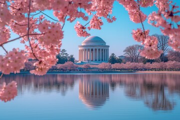 Obraz premium The Jefferson Memorial stands in Washington, surrounded by beautiful cherry blossom trees during peak bloom.