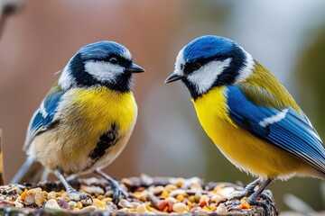 Obraz premium Two birds, one blue and one yellow, perched on a bird feeder.