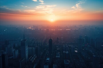 The sun is setting, casting a warm golden glow over the sprawling skyscrapers and bustling streets of a large city, Aerial view of a city's skyline at the brink of dawn, AI Generated