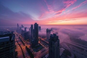 Fototapeta premium A photo capturing the obscured view of a city shrouded in fog on a gloomy day, Aerial view of a city's skyline at the brink of dawn, AI Generated