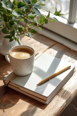 Ceramic vase with plant, notebook, pencil and coffee mug on a wooden table, next to a window.