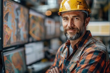 A focused geologist in a high-vis orange helmet analyzes vibrant geological maps on monitors, his expression a blend of curiosity and expertise.