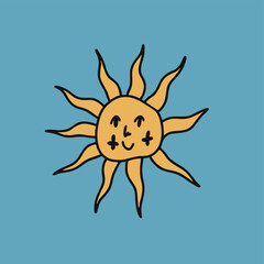 Sun with a face in boho, funky, hippie style. Flat vector illustration, hand drawn cartoon.