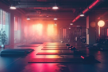 A straight row of exercise mats lined up neatly in a well-lit gym, Aerobics class scenario captured in a gym, AI Generated