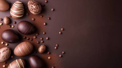 Easter wallpaper with chocolate eggs on a brown background with copy space - obrazy, fototapety, plakaty