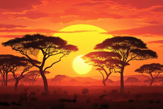 A colorful painting capturing a vibrant sunset with a striking silhouette of trees in the foreground, African savanna at sunset with silhouettes of trees, AI Generated
