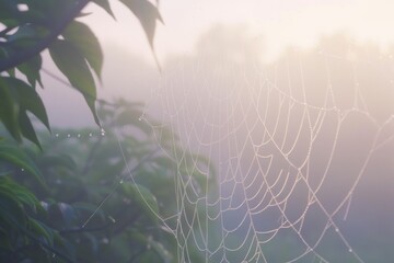 Morning's first light reveals the delicate artistry of a spider's web adorned with dew among soft green foliage, a serene start to the day