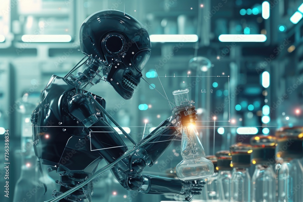 Poster a robot with advanced technology holds a glass flask filled with liquid inside a busy laboratory, ai