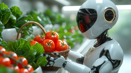 Robot buys vegetables at the grocery market 