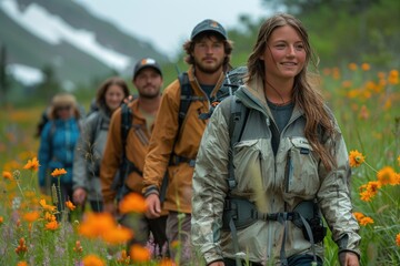 A group of hikers with a leading woman in a flower field.