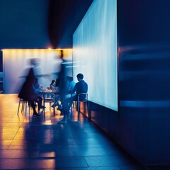 Dynamic blue-toned image of a group at a modern bar, capturing the motion of a bustling social scene