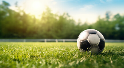Fototapeta premium Fußball liegt auf grüner Wiese, Tolles Wetter, Schwarz weißer Ball