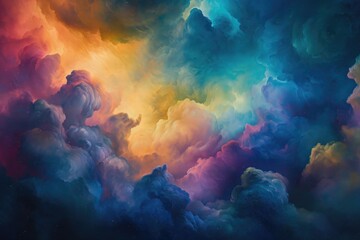 A painting depicting a vivid display of colorful clouds floating in the sky, Aluring cosmic...