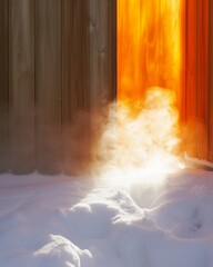 Winter's embrace: Sunlight streaming through sauna door into the snowy scape, evoking warmth amid the cold