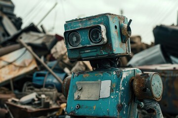 Obraz na płótnie Canvas A blue robot stands tall and confident in front of a large pile of discarded objects and debris, An abandoned robot in a junkyard, AI Generated