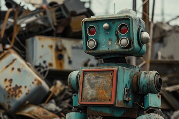 Fototapeta premium A robot stands tall, facing forward, in front of a large, haphazard pile of discarded objects and debris, An abandoned robot in a junkyard, AI Generated