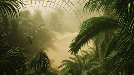 Mystical greenhouse oasis with dense tropical foliage, a sandy path, and ethereal sunlight filtering through