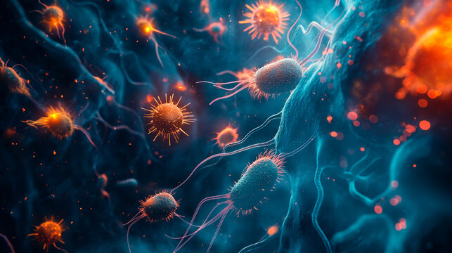 Microbiology.Microscope Bacteria. Herpes simplex virus type one in the body. Study of the cellular structure of the organism under a microscope. Dividing Cell Cancer. Generative AI - Powered by Adobe