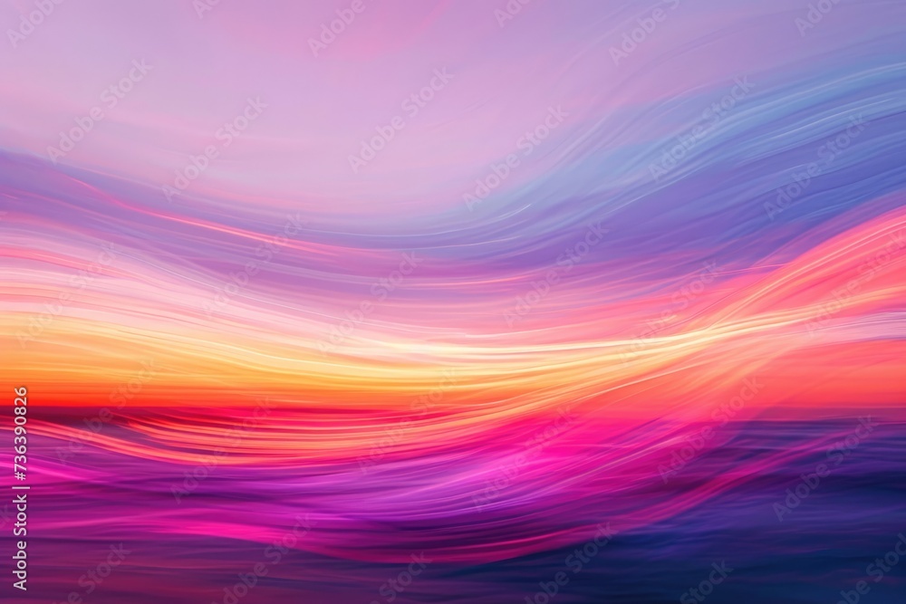 Sticker This painting showcases a vibrant sunset with colorful hues reflecting in the water, An abstract portrayal of a sunset with streaks of pink, purple, and orange, AI Generated