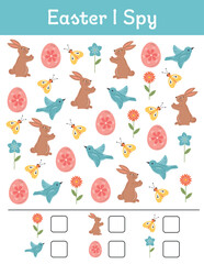 Fototapeta premium Easter math worksheet. I spy. Mathematic activities for schooling, early education. Counting educational logical game. Kid lessons, Easter preschool kindergarten educational Montessori activity.