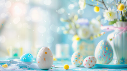 Easter holiday table setting with flowers in pastel colours