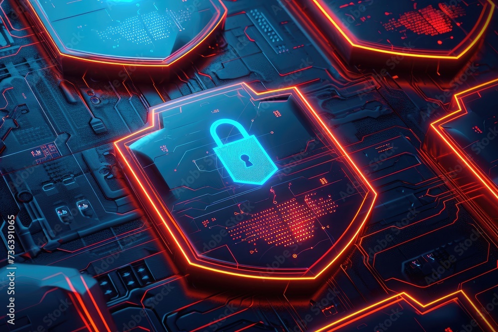 Poster close up shot of a computer processor with a lock attached to it to ensure secure data, an abstract 