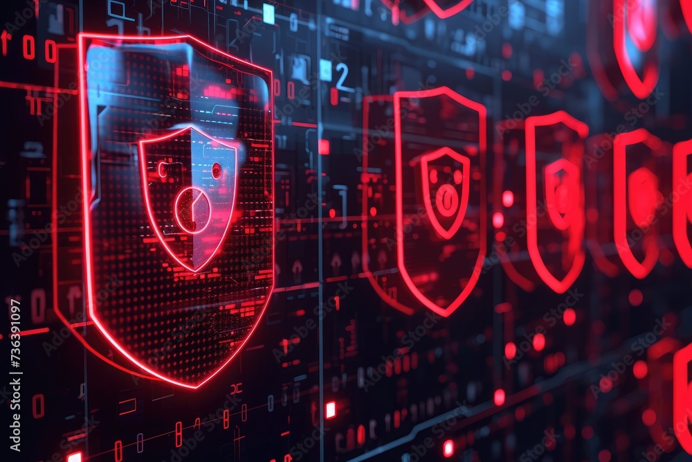 Poster a computer screen displaying a red glowing shield, an abstract representation of data breach with we