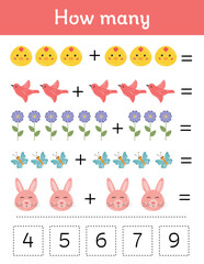 Worksheet for school kids. Math game with Easter elements for children, easy level, education game. Worksheet for school kids. Useful games for preschool, kindergarten, development logical thinking.