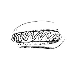 Black and white sketch of hotdog image with transparent background