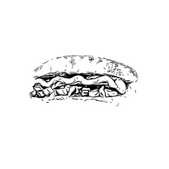 Black and white sketch of hotdog image with transparent background