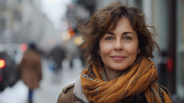 Close-up portrait of a beautiful middle-aged woman smiling outdoors in the city.
