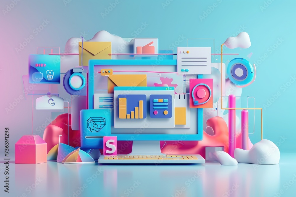Poster a computer screen surrounded by an assortment of vibrant and colorful objects, an abstract represent