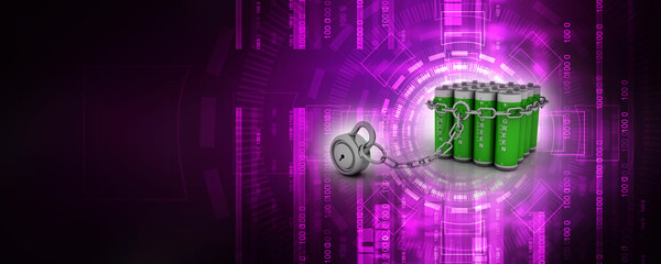 3d rendering Electrical energy and power supply source concept, accumulator battery protection lock
   