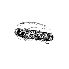 Black and white sketch of hotdog image with transparent background