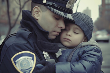 Caring Police Officer Consoles Distressed Child, Reaffirming The Bond Between Community And Law Enforcement. Сoncept Community Service Projects, Volunteer Recognition, Youth Empowerment