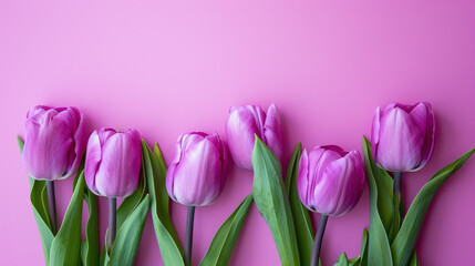 Obraz na płótnie Canvas Beautiful bouquet of purple tulips on pink wooden background