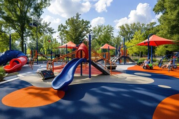 A colorful and lively childrens play area featuring a slide and swings where kids play and have fun, An accessible playground designed for children with different abilities, AI Generated