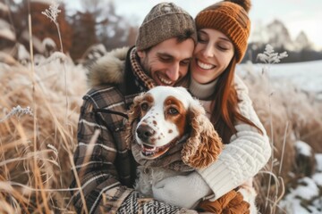 Joyful Couple Embraces Their Spaniel Dog While Strolling Through Wintry Fields. Сoncept Holiday Lights Display, Festive Decorations, Winter Wonderland, Magical Atmosphere